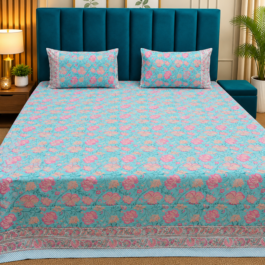 Percale Premium Aqua Blue & Pink Floral Hand Block Printed Super King-Size Cotton Bedsheet (300TC)