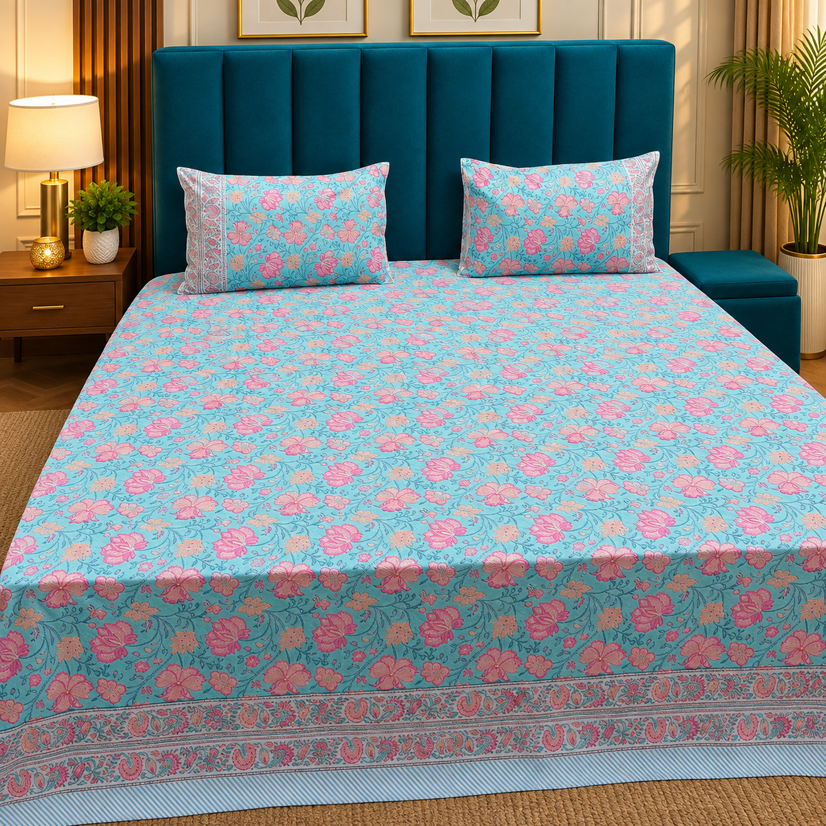 Percale Premium Aqua Blue & Pink Floral Hand Block Printed Super King-Size Cotton Bedsheet (300TC)