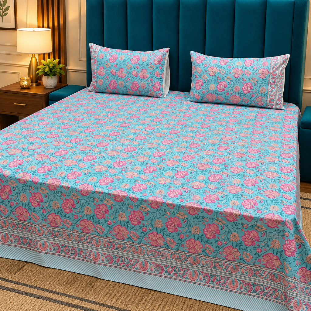 Percale Premium Aqua Blue & Pink Floral Hand Block Printed Super King-Size Cotton Bedsheet (300TC)