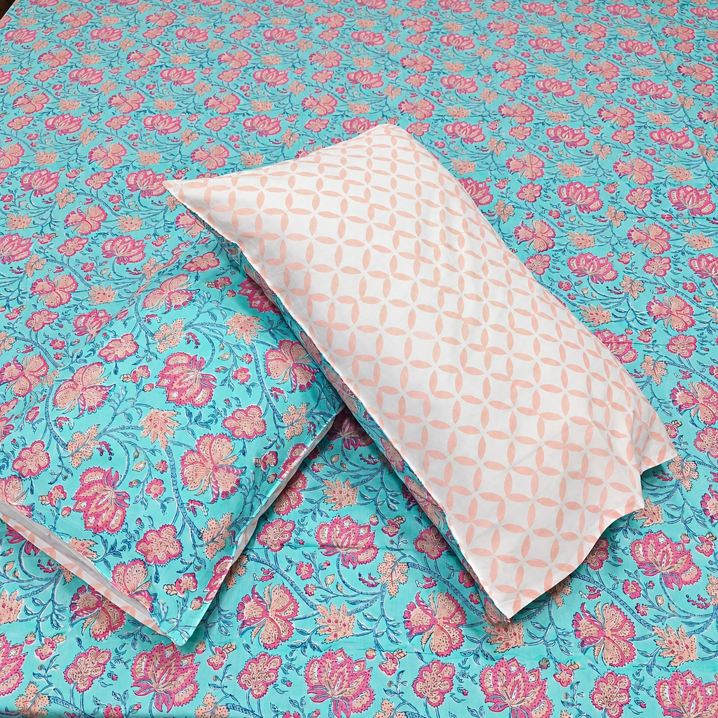 Percale Premium Aqua Blue & Pink Floral Hand Block Printed Super King-Size Cotton Bedsheet (300TC)