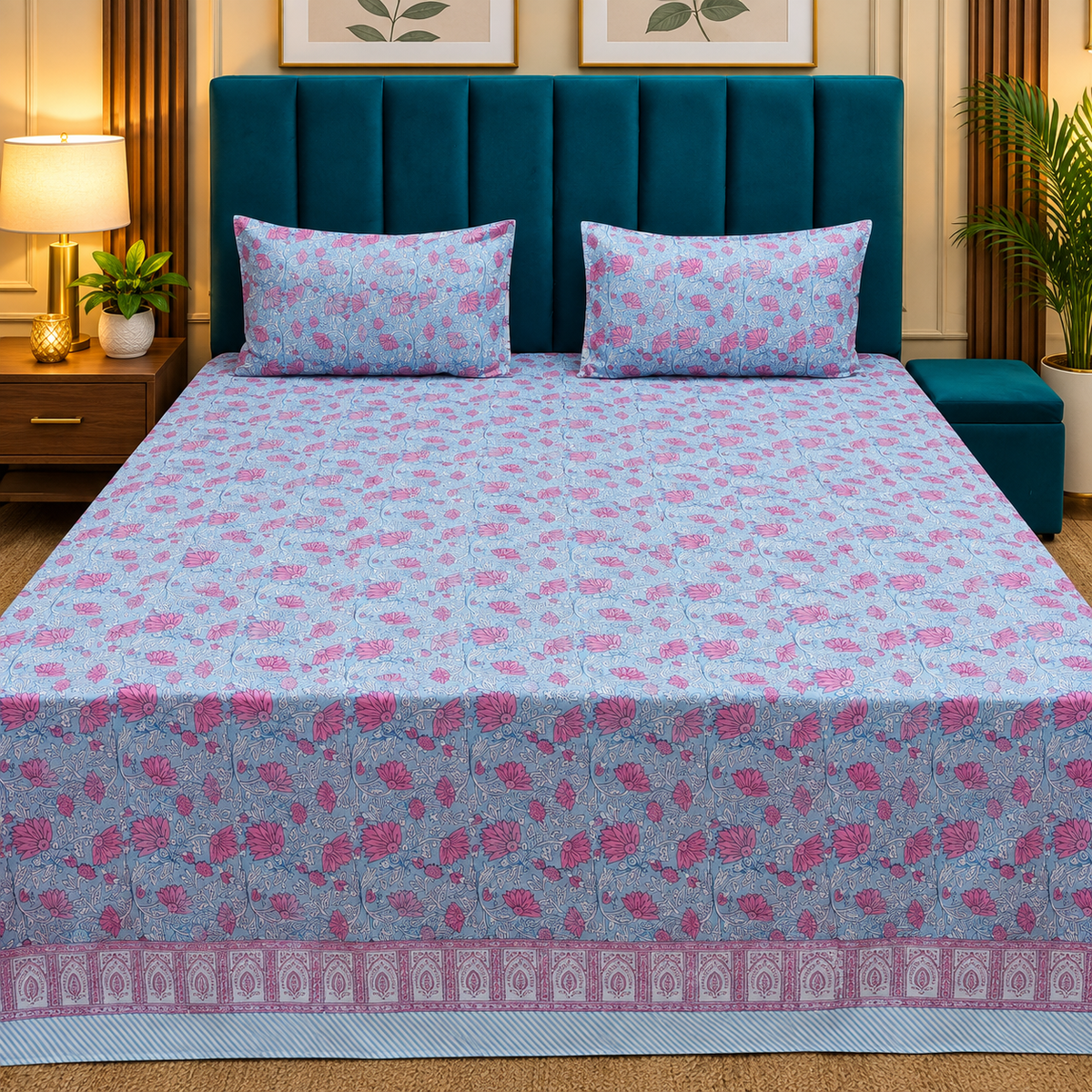 Percale Premium Powder Blue & Pink Floral Hand Block Printed Super King-Size Cotton Bedsheet (300TC)