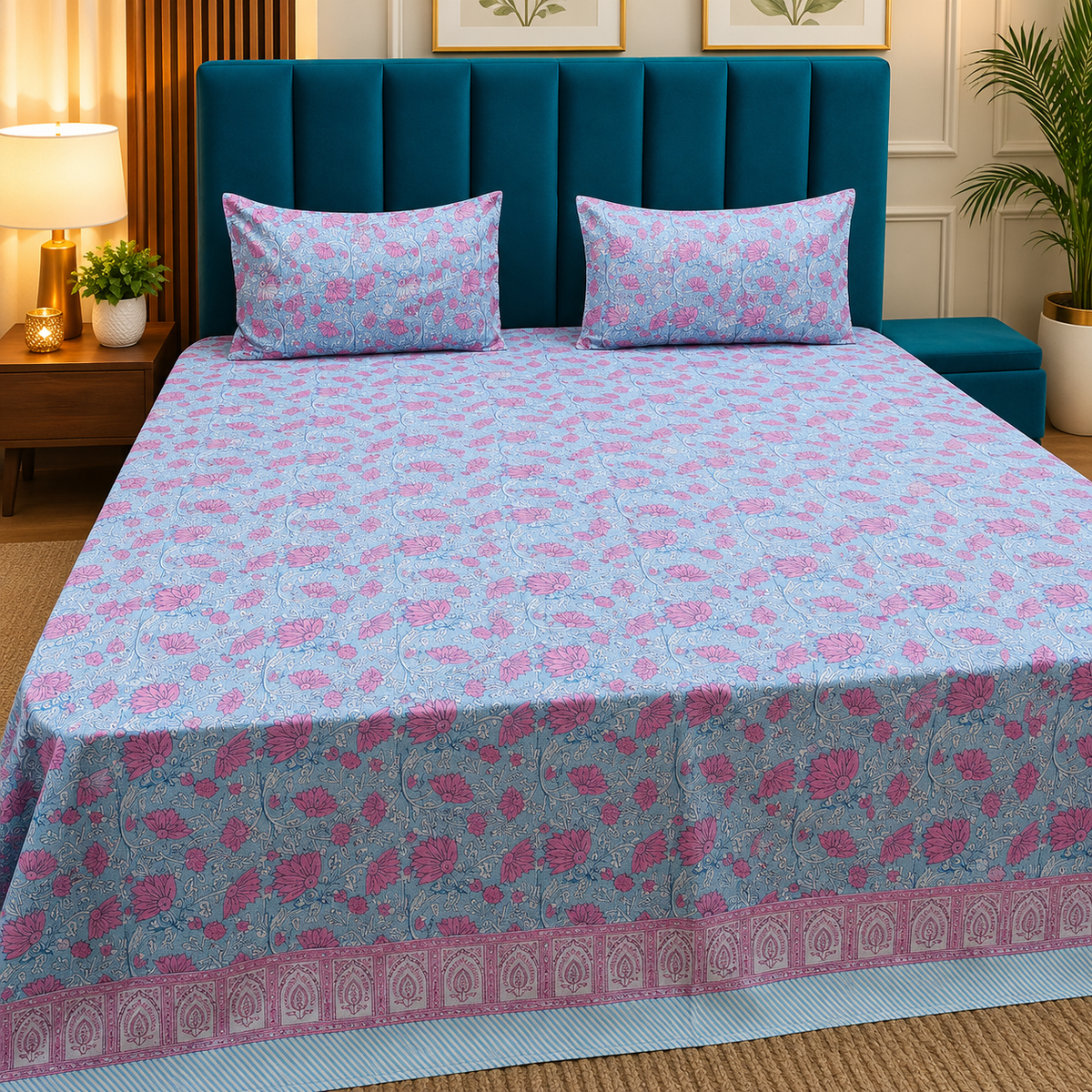 Percale Premium Powder Blue & Pink Floral Hand Block Printed Super King-Size Cotton Bedsheet (300TC)