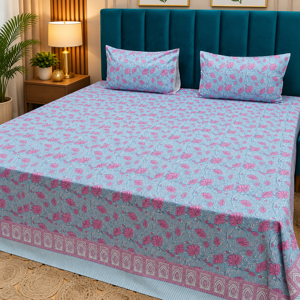 Percale Premium Powder Blue & Pink Floral Hand Block Printed Super King-Size Cotton Bedsheet (300TC)