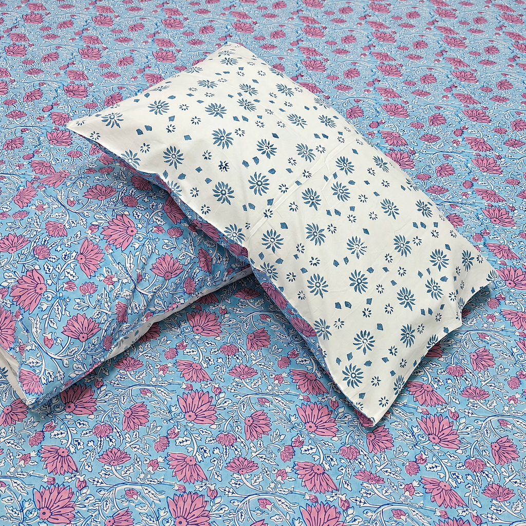 Percale Premium Powder Blue & Pink Floral Hand Block Printed Super King-Size Cotton Bedsheet (300TC)