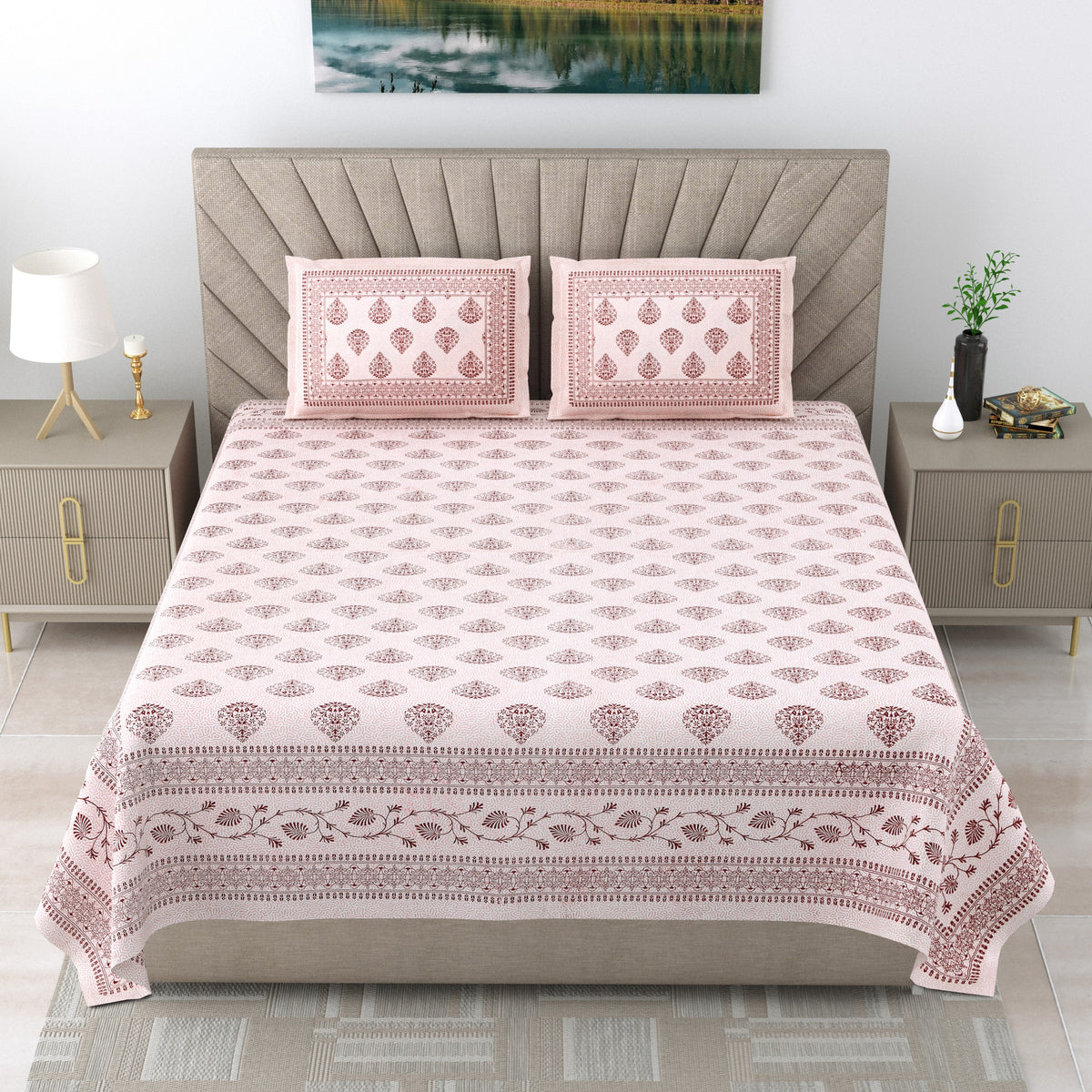 Royal Rajasthani Premium White & Maroon Paisley Printed Queen Size Bedsheet Set