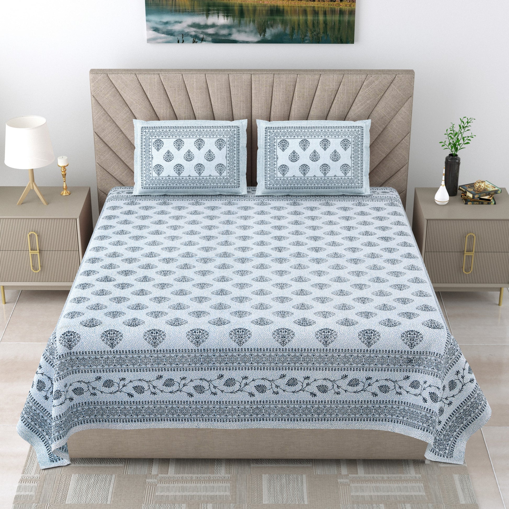 Royal Rajasthani Premium White & Blue Paisley Printed Queen Size Bedsheet Set