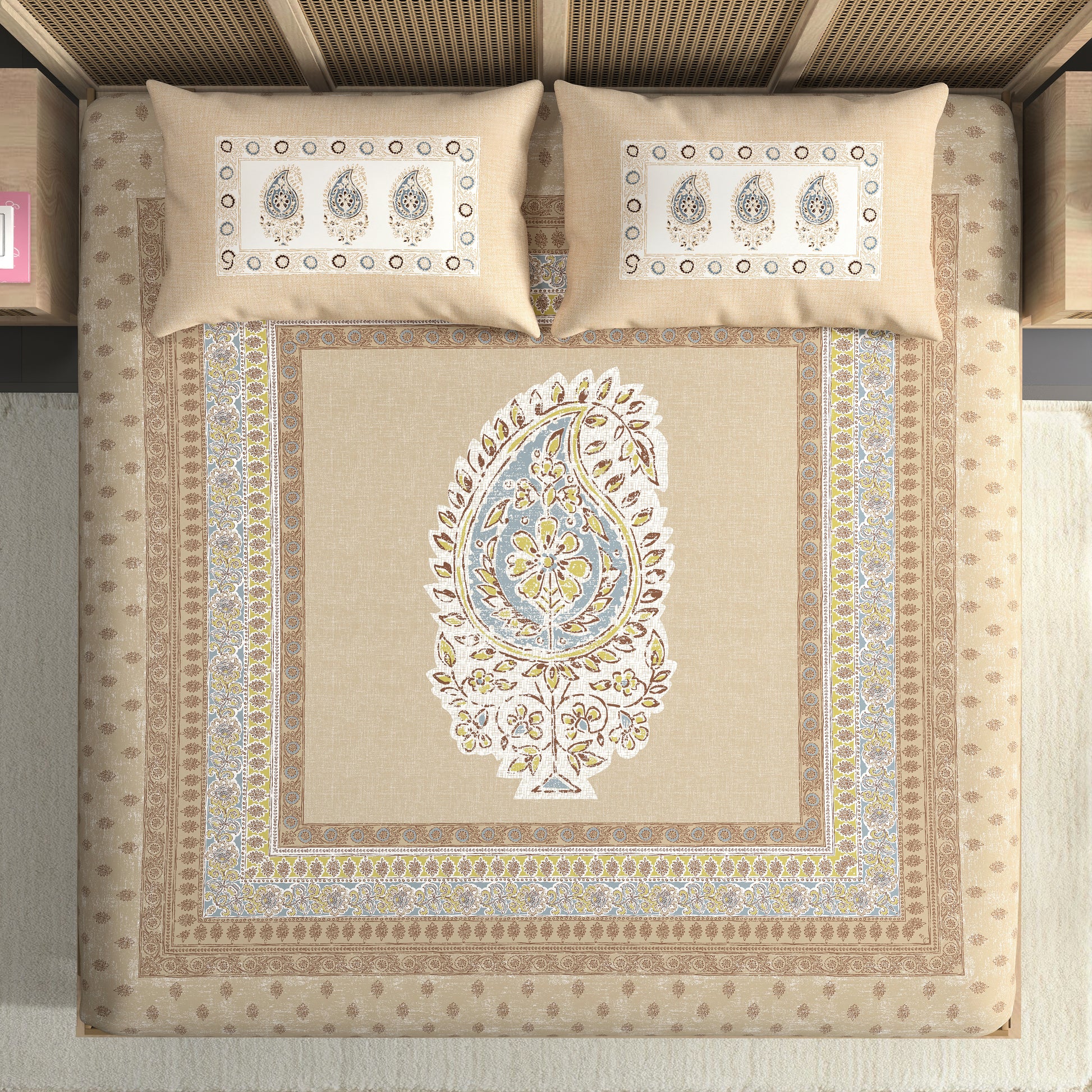 Nayab Sandstone Paisley Premium Cotton King Size Bedsheet Set