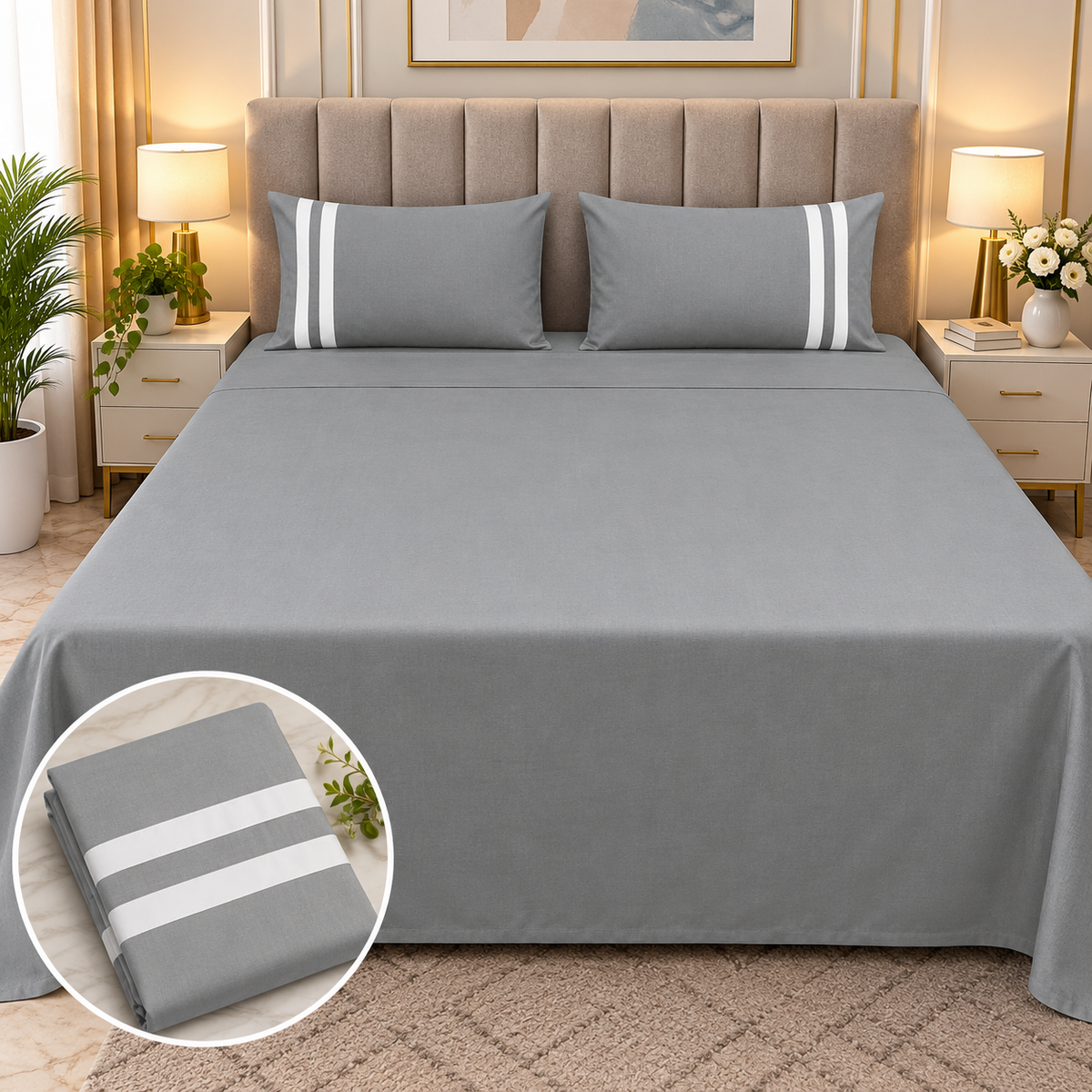 Serene Premium Solid Grey King Size Cotton Bedsheet with White Stripe Design & 2 Pillow Covers