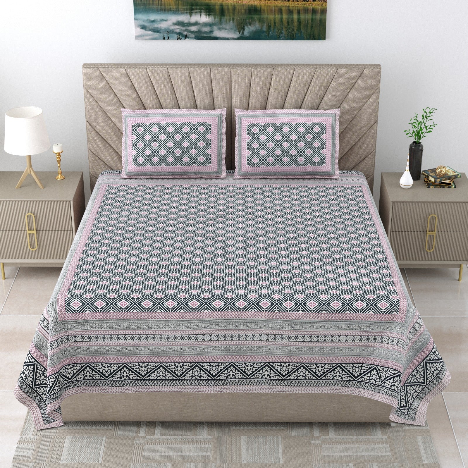 Royal Rajasthani Premium Black & Pink Geometric Printed Queen Size Bedsheet Set