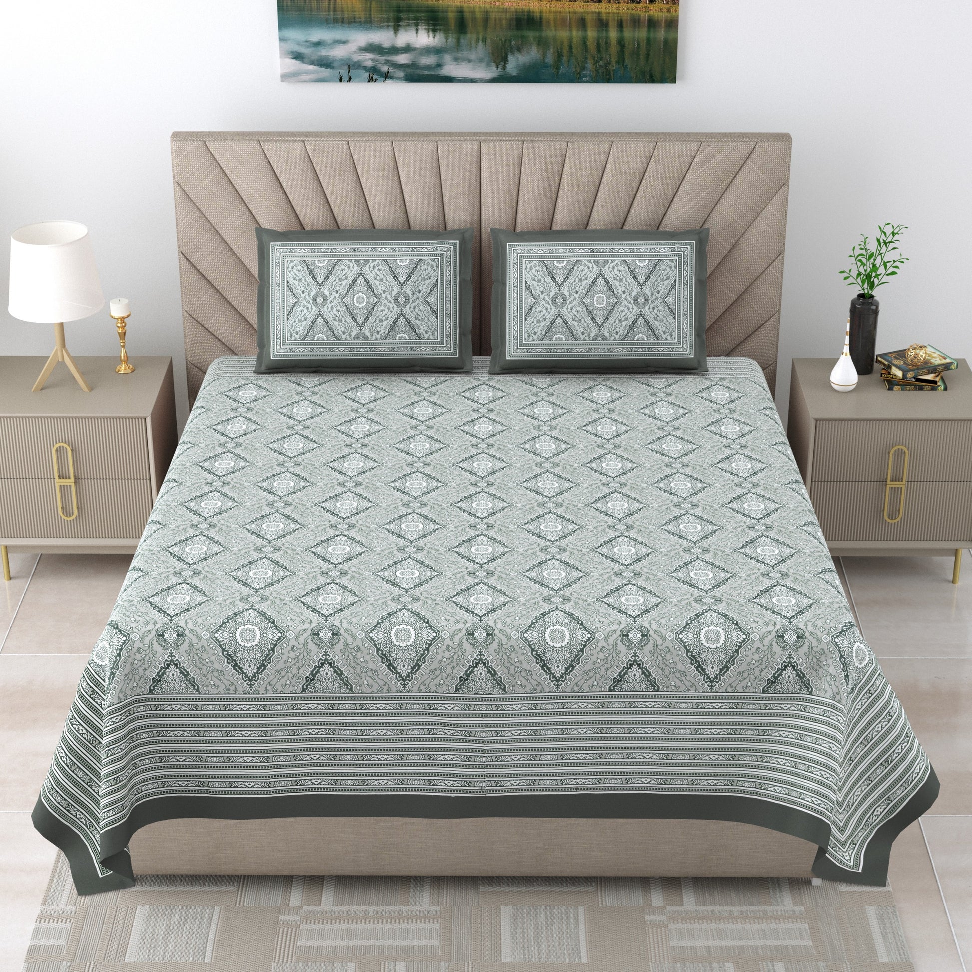 Royal Rajasthani Premium Grey & White Geometric Printed Queen Size Bedsheet Set