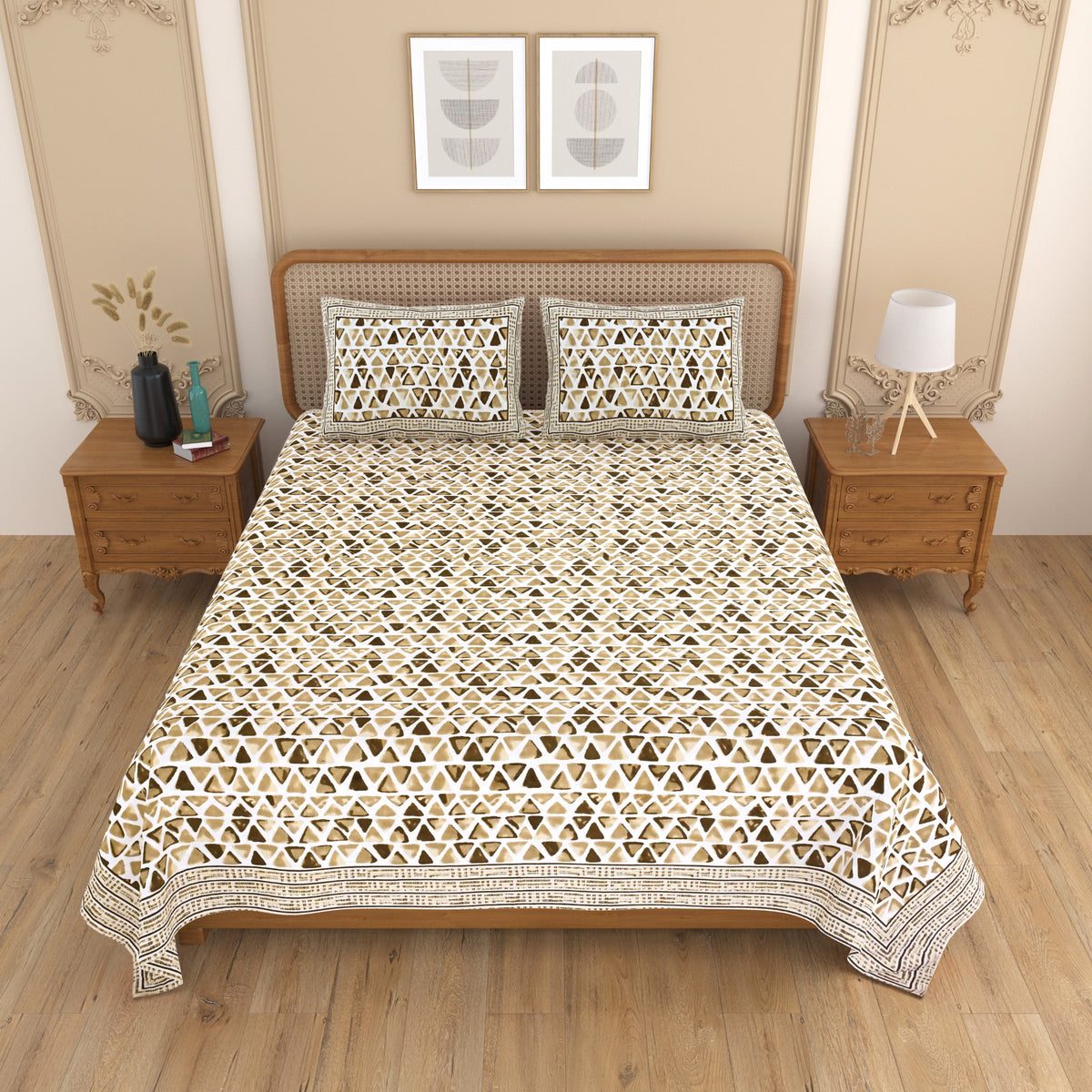 Royal Rajasthani Premium Brown & White Geometric Printed Queen Size Bedsheet Set