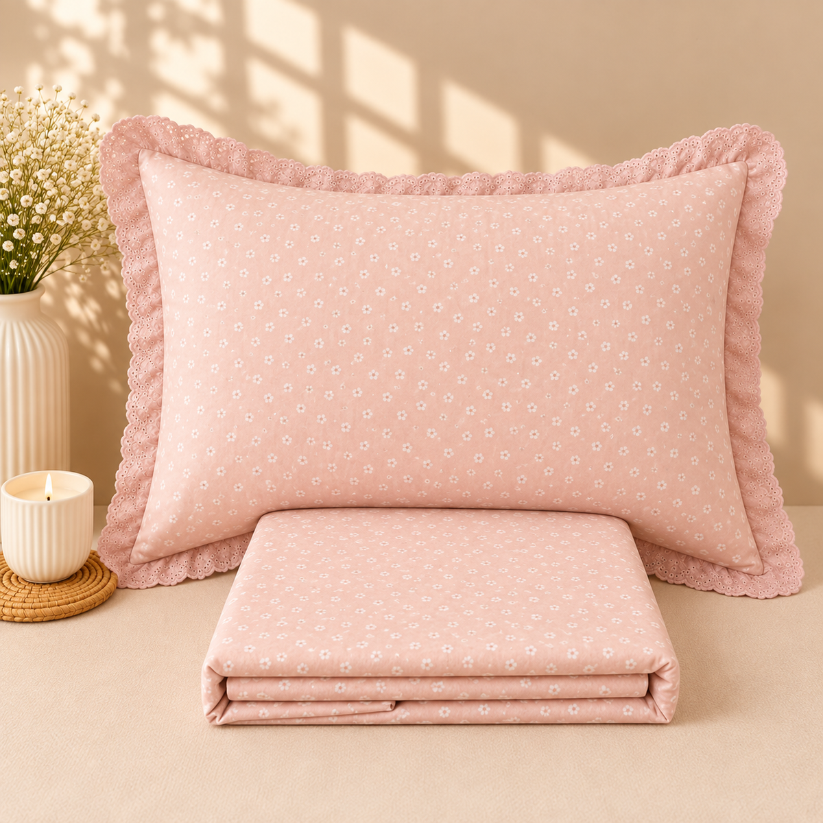 Secret Garden Blush Pink Floral Printed King Size Imported Fabric Bedsheet Set