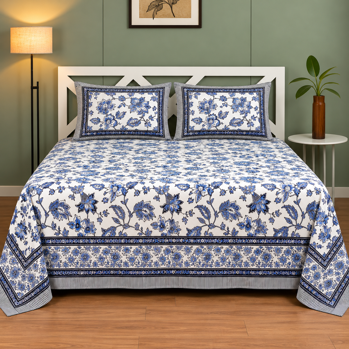 Mughal Utsav Premium Pure Cotton King Size Green & Mustard Floral Printed Bedsheet