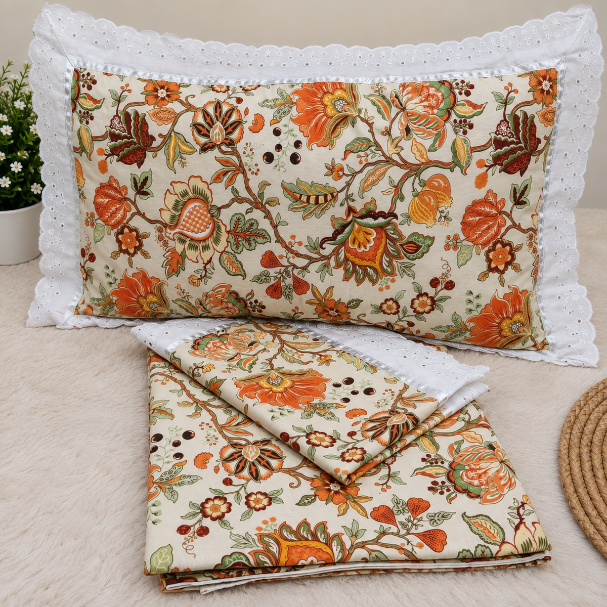 Wildvine Beige & Orange Floral Printed King Size Imported Fabric Bedsheet Set