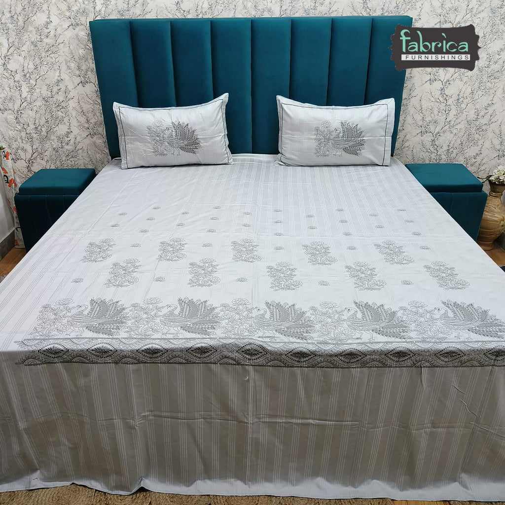 Roselyn Premium Pure Cotton Super King-Size Peacock Floral Embroidered Bedsheet