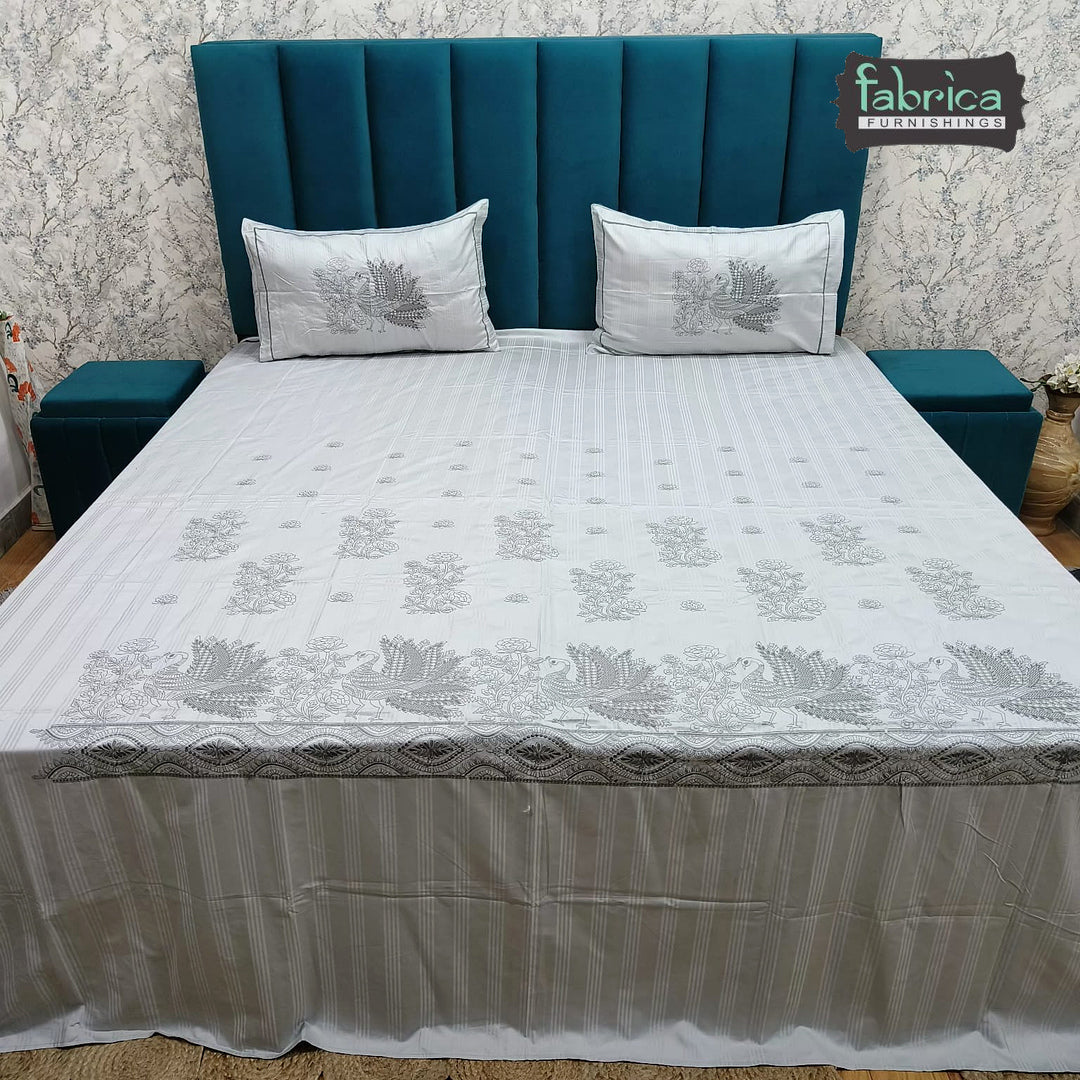 Roselyn Premium Pure Cotton Super King-Size Peacock Floral Embroidered Bedsheet