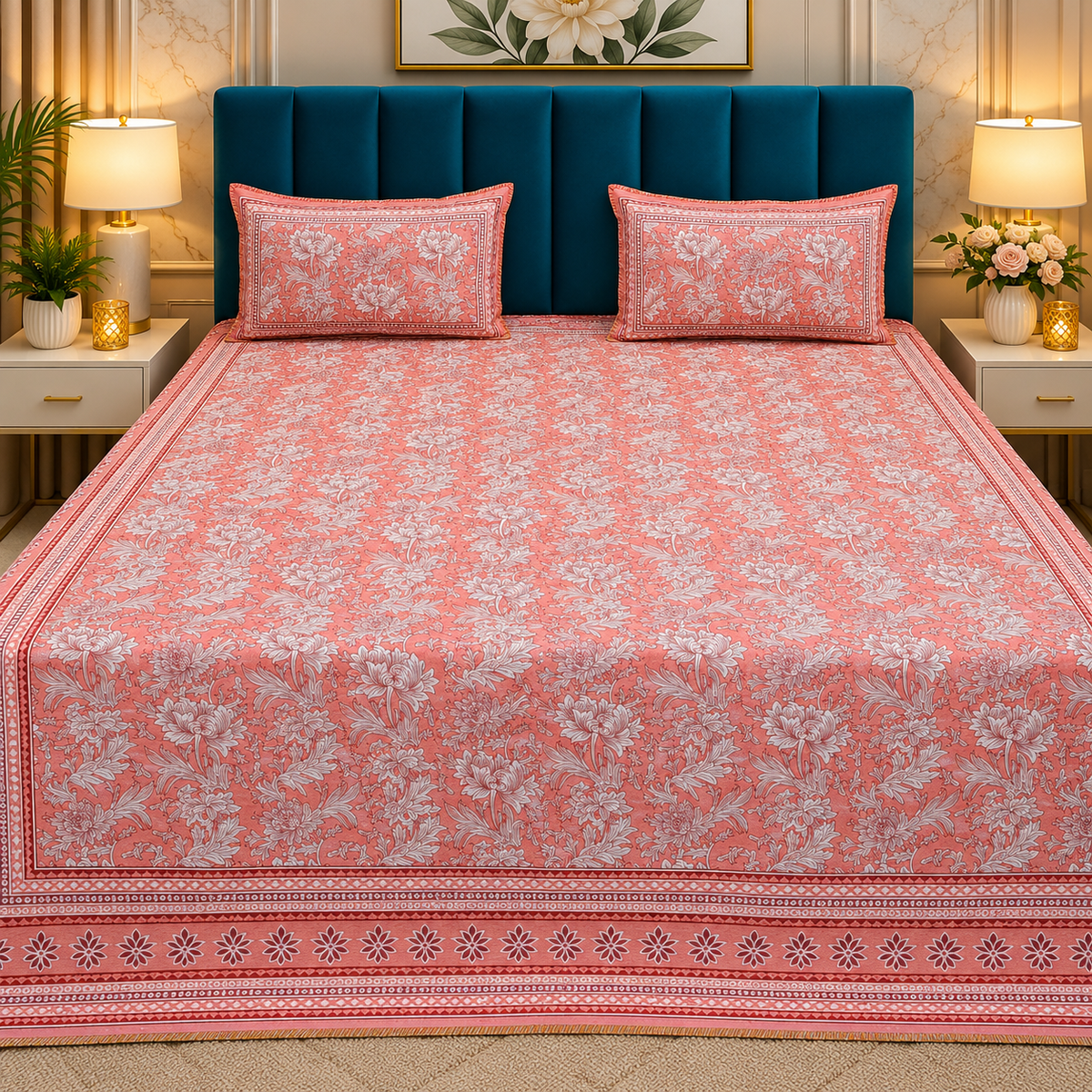 Nilaya Floral Premium Pure Cotton Coral Pink & White Printed Bedcover