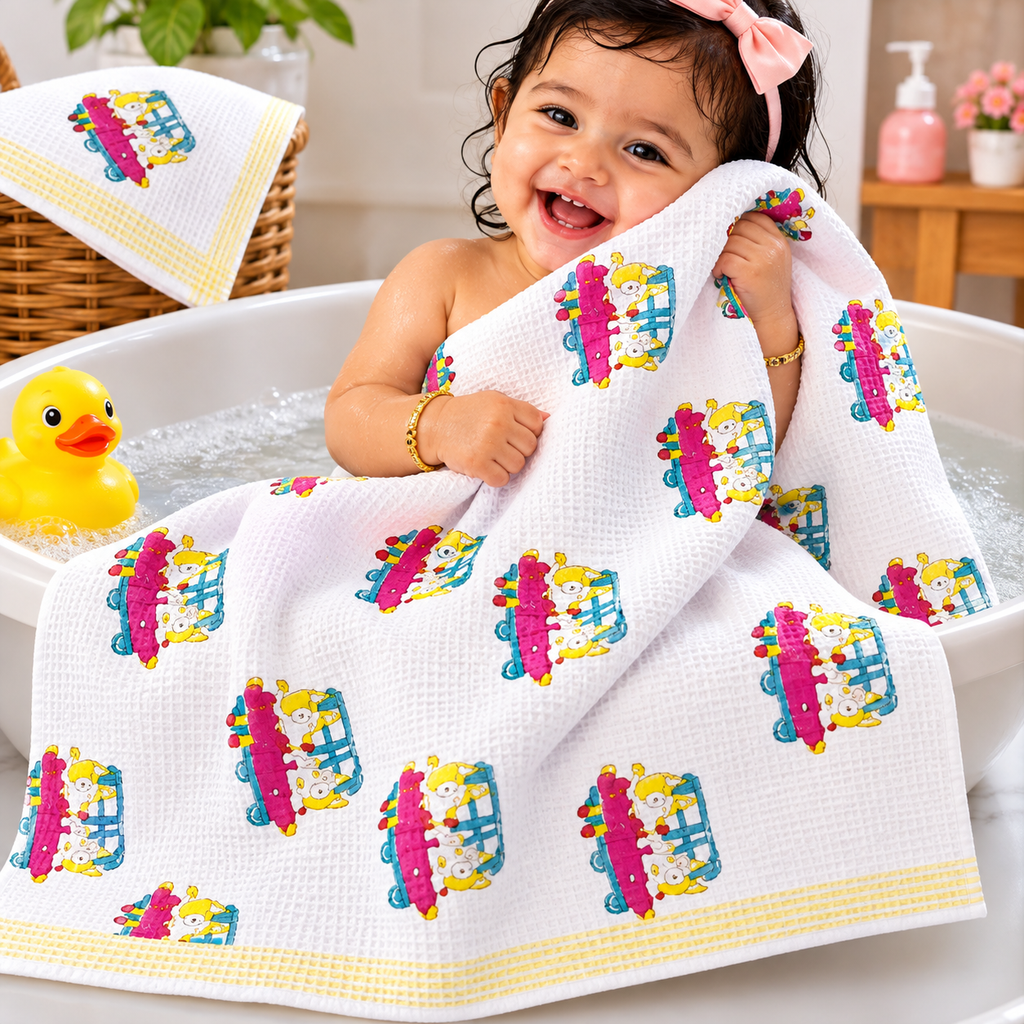 Kids Zone Waffle Printed Pure Cotton Bath & Hand Towels