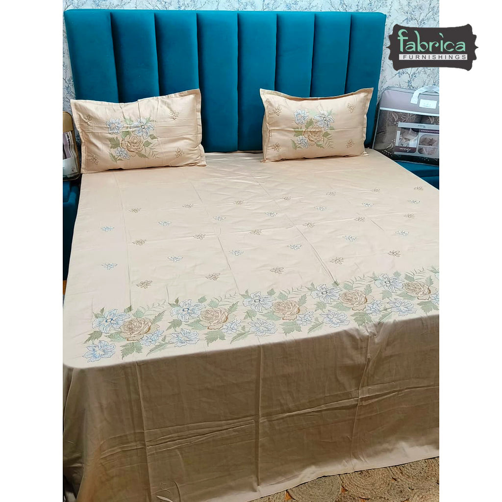 Aurelia Premium Pure Cotton Super King-Size Botanical Floral Embroidered Bedsheet
