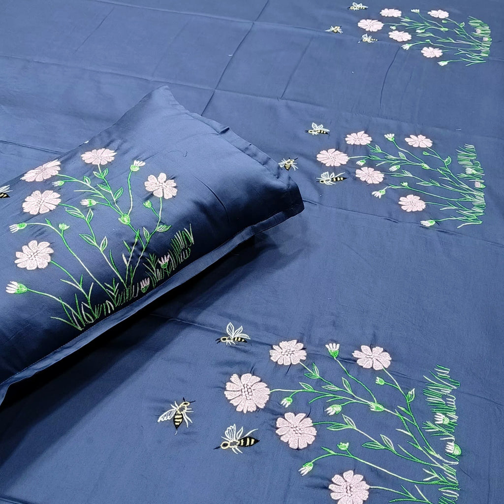 Shahi Karigari Pure Cotton King-Size Navy Blue Floral Embroidered Bedsheet