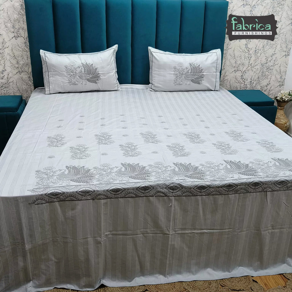 Roselyn Premium Pure Cotton Super King-Size Peacock Floral Embroidered Bedsheet