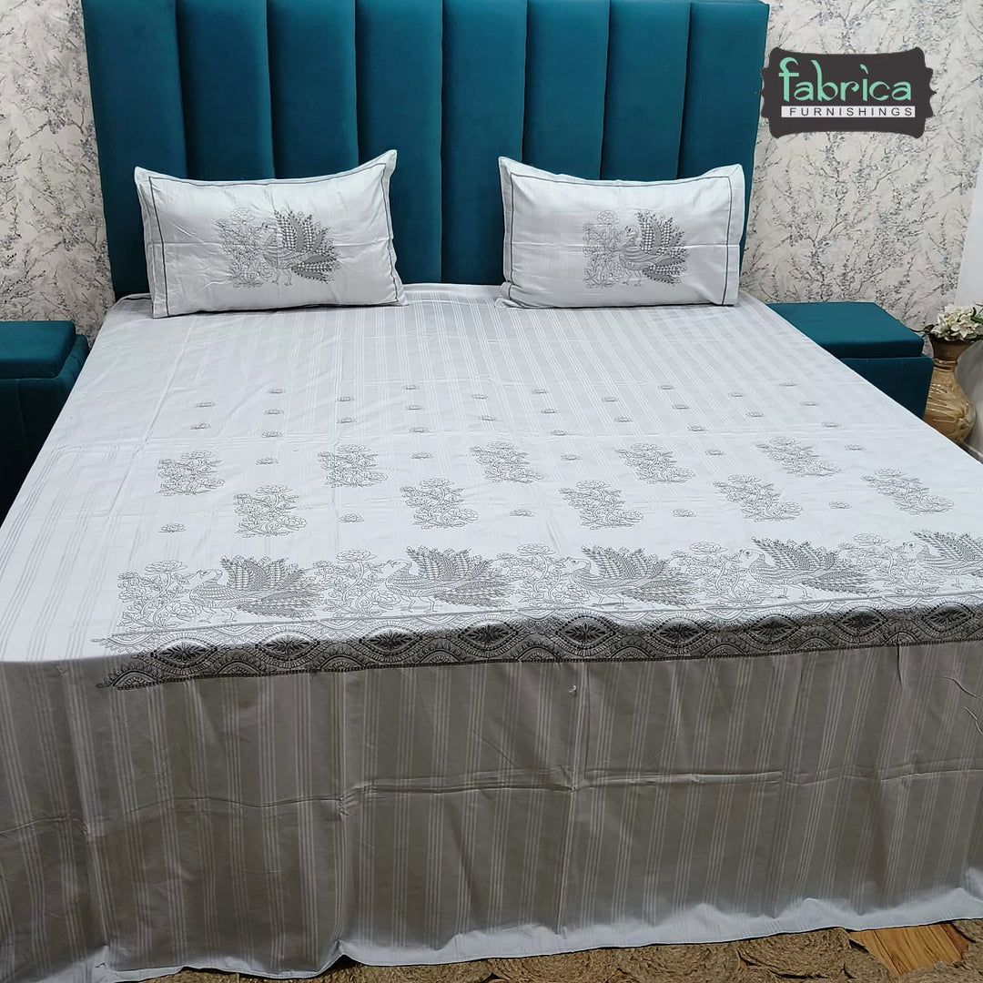 Roselyn Premium Pure Cotton Super King-Size Peacock Floral Embroidered Bedsheet