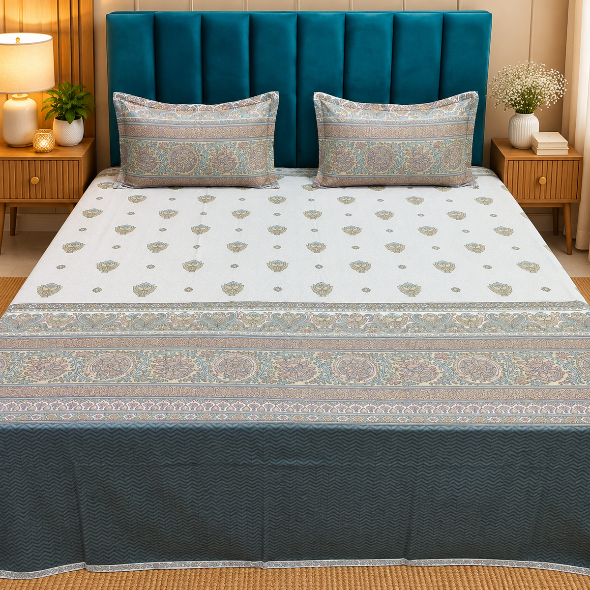 Artistry of India Premium Ivory & Teal Blue Floral Printed Pure Cotton King-Size Bedsheet Set