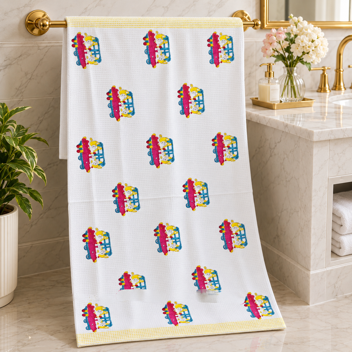 Kids Zone Waffle Printed Pure Cotton Bath & Hand Towels