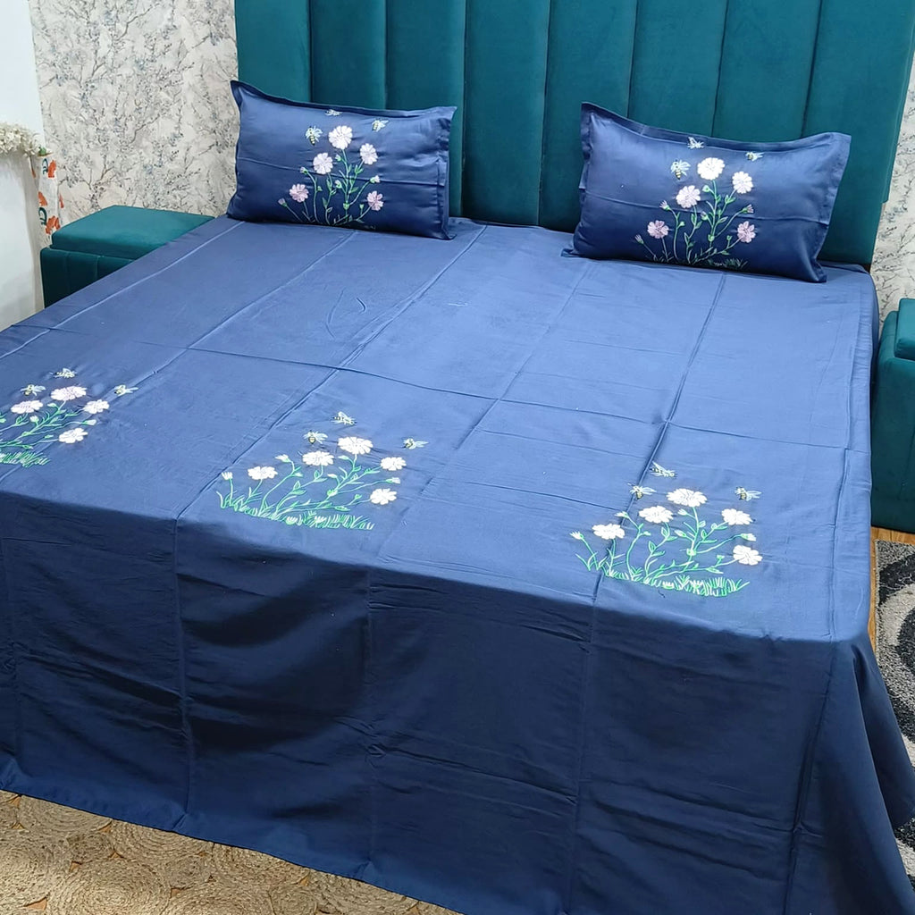 Shahi Karigari Pure Cotton King-Size Navy Blue Floral Embroidered Bedsheet