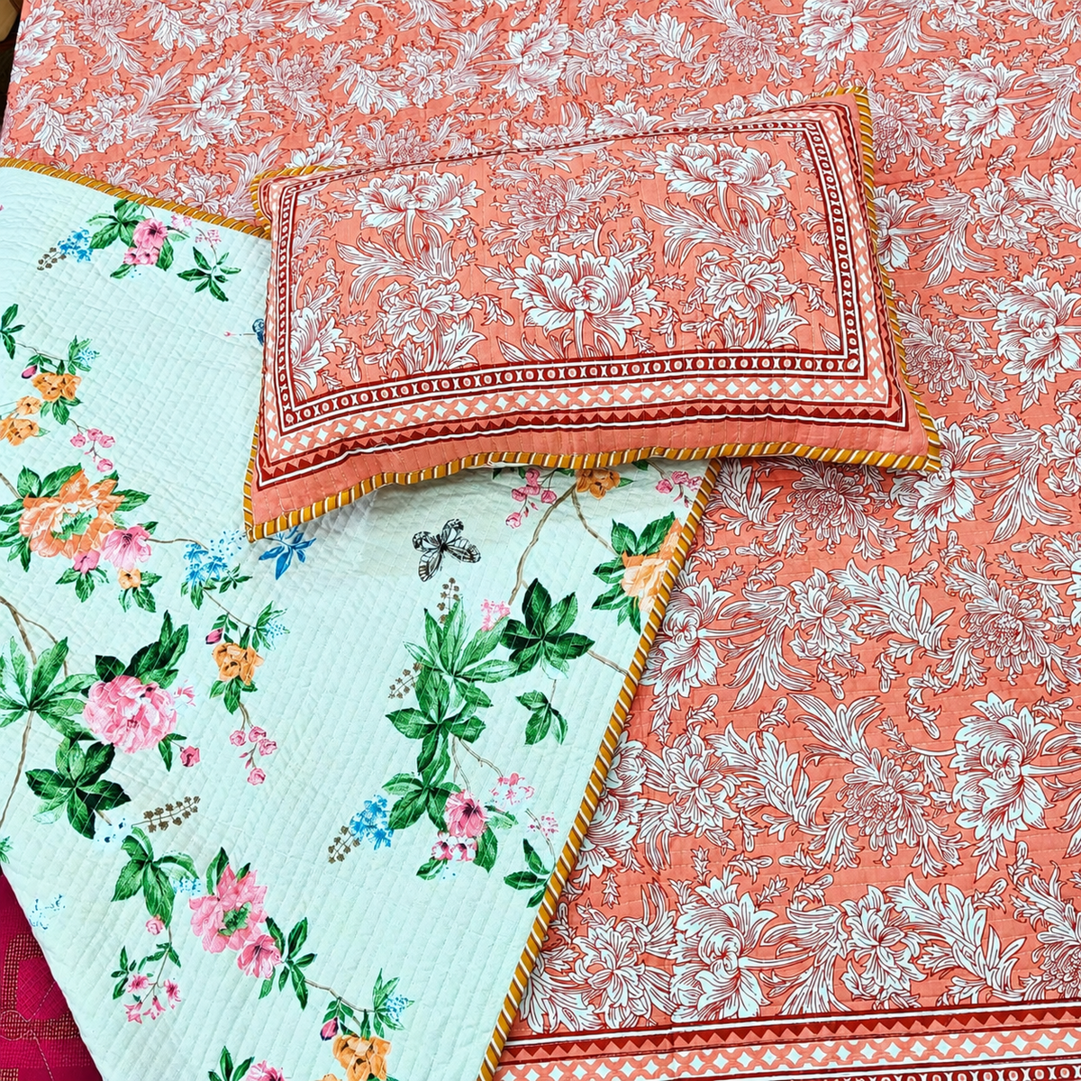Nilaya Floral Premium Pure Cotton Coral Pink & White Printed Bedcover