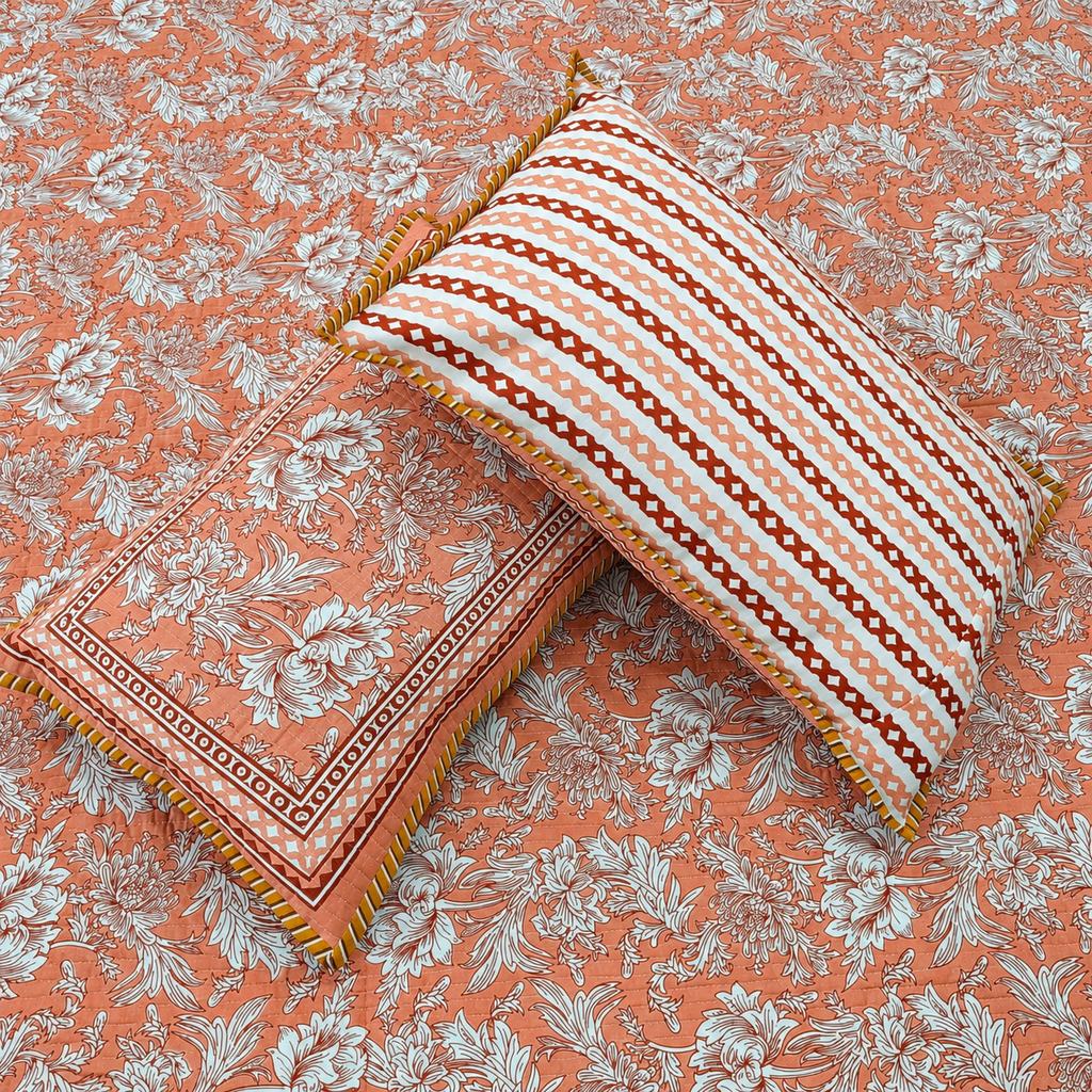 Nilaya Floral Premium Pure Cotton Coral Pink & White Printed Bedcover