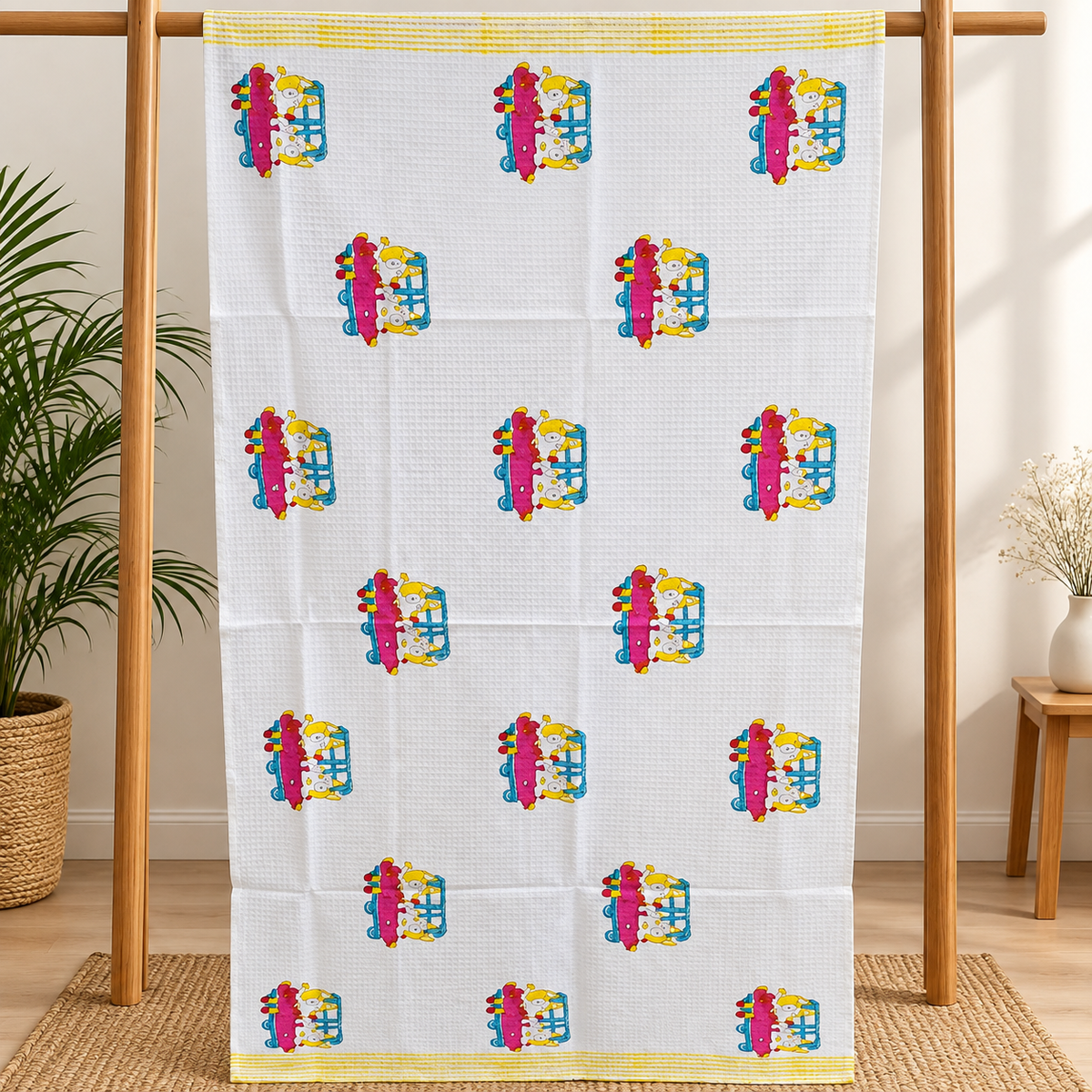 Kids Zone Waffle Printed Pure Cotton Bath & Hand Towels