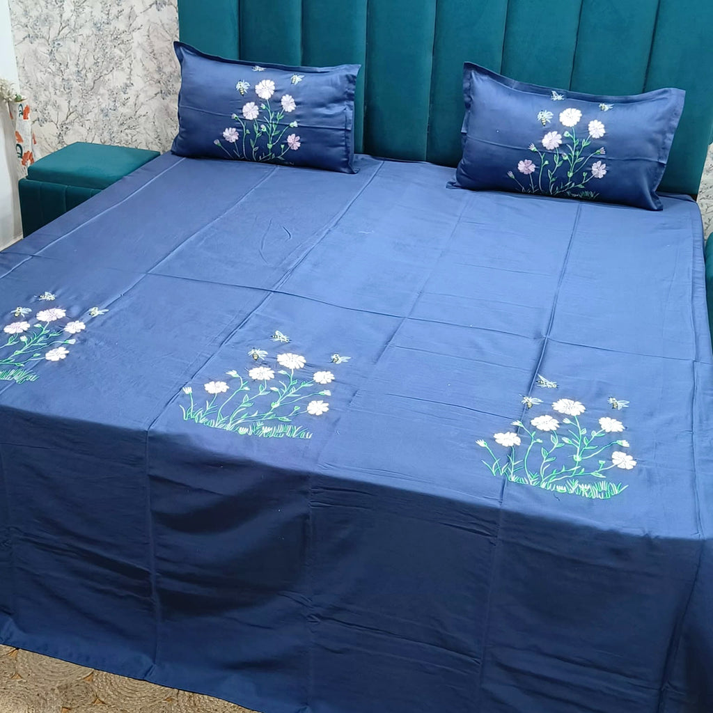 Shahi Karigari Pure Cotton King-Size Navy Blue Floral Embroidered Bedsheet
