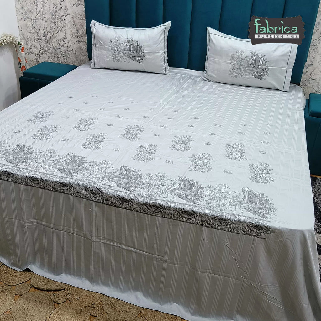 Roselyn Premium Pure Cotton Super King-Size Peacock Floral Embroidered Bedsheet