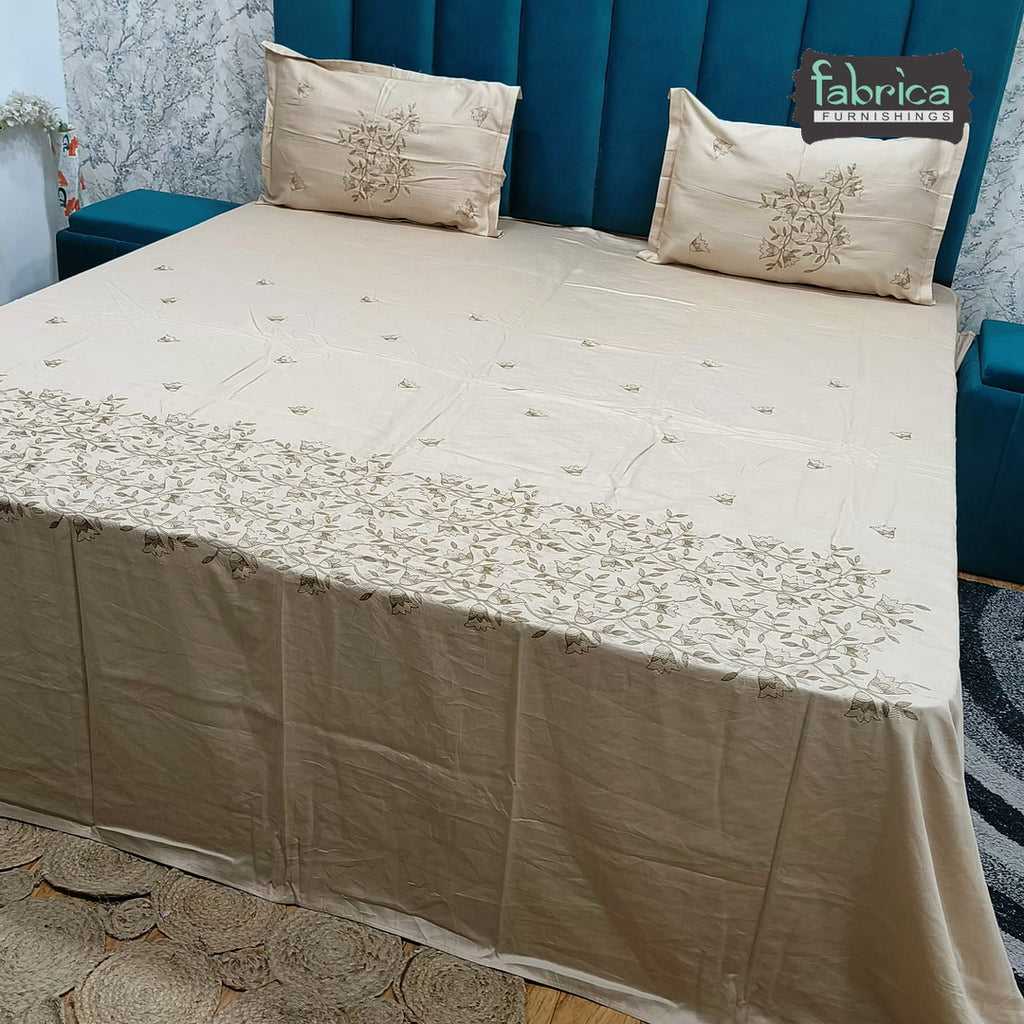 Aurelia Premium Pure Cotton Super King-Size Botanical Floral Embroidered Bedsheet