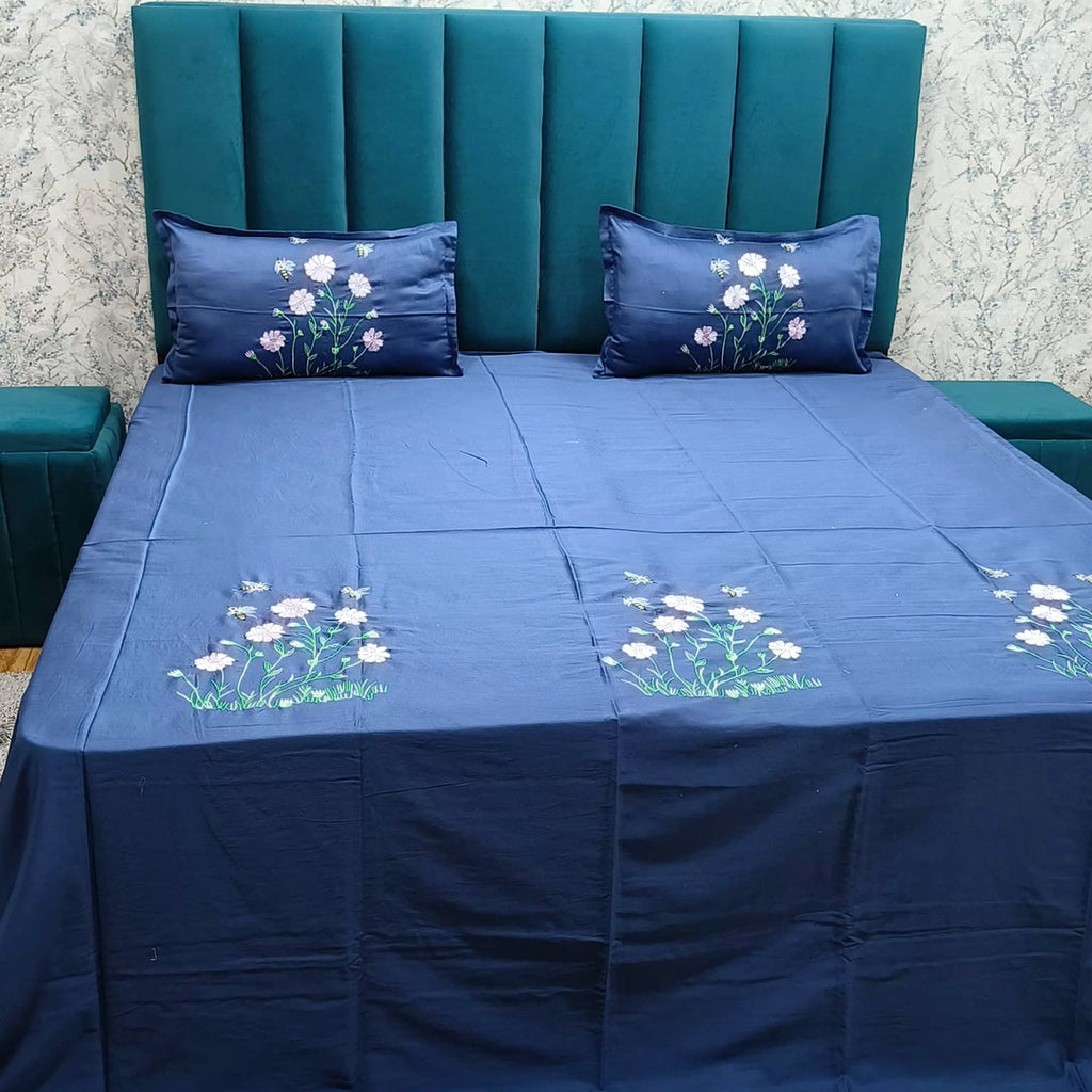 Shahi Karigari Pure Cotton King-Size Navy Blue Floral Embroidered Bedsheet