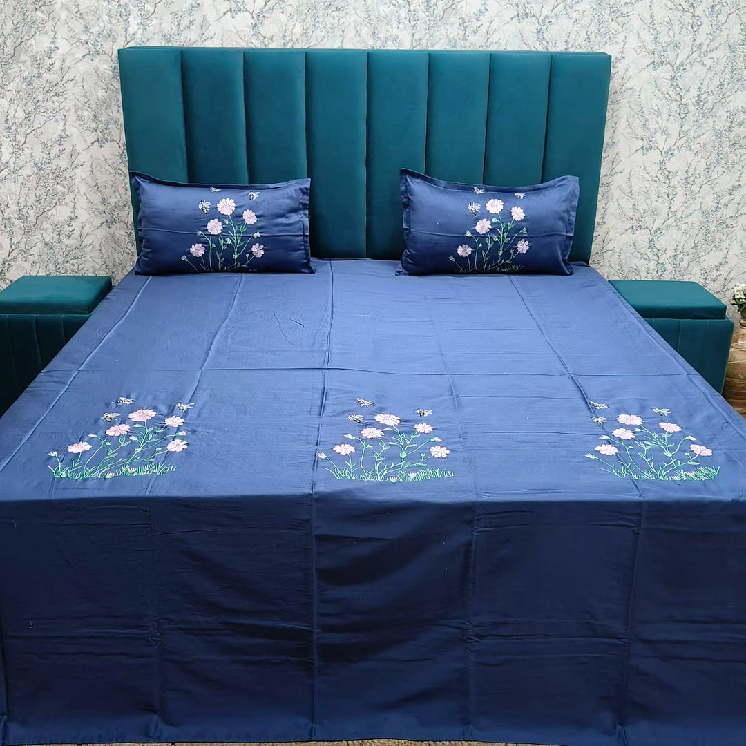 Shahi Karigari Pure Cotton King-Size Navy Blue Floral Embroidered Bedsheet
