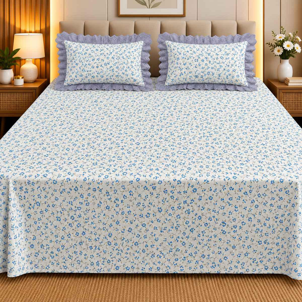 Secret Garden White & Blue Tiny Floral Printed King Size Imported Fabric Bedsheet Set