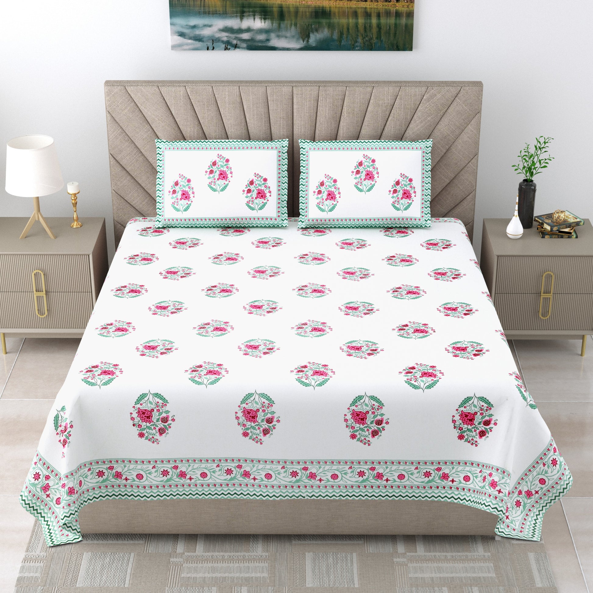 Royal Rajasthani Pink & Green Floral Printed King Size Bedsheet