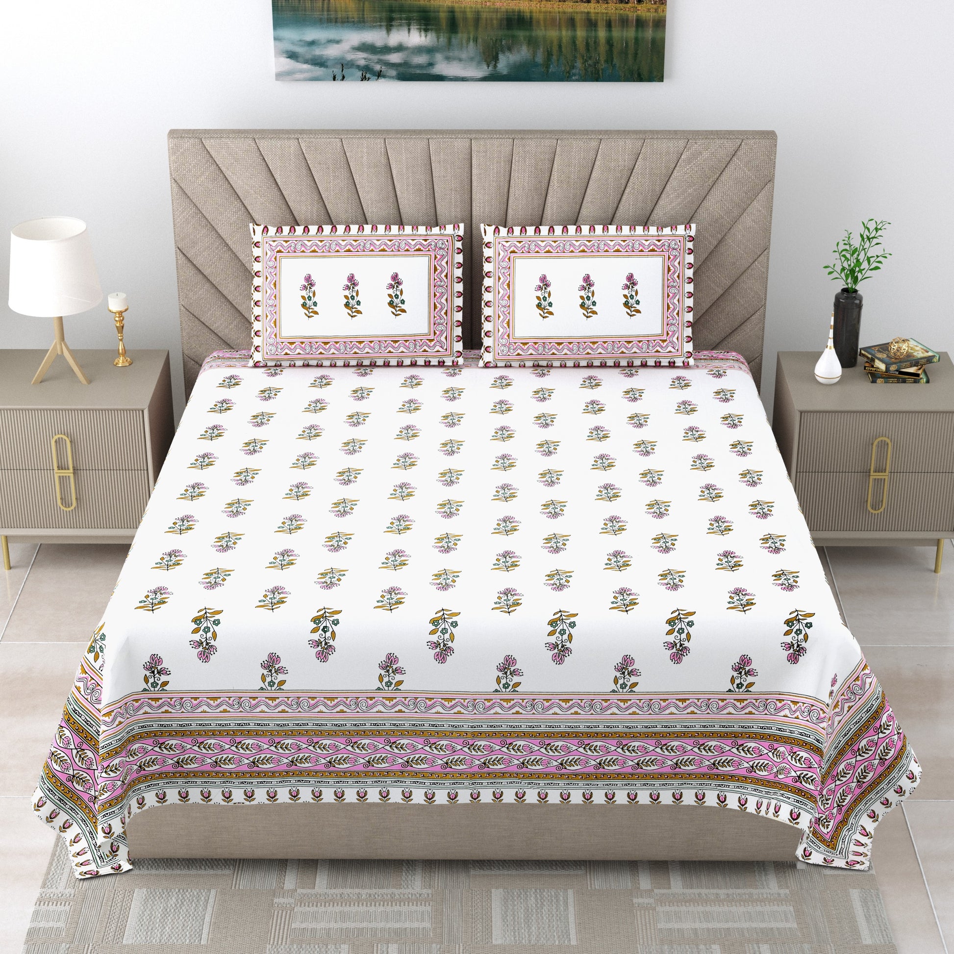 Royal Rajasthani Pink Floral Printed King Size Bedsheet