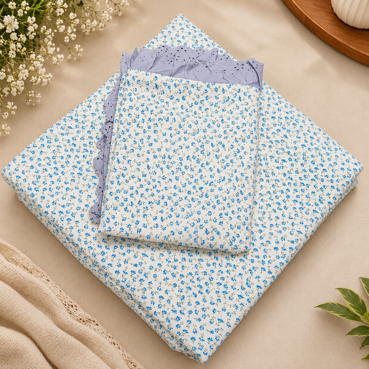 Secret Garden White & Blue Tiny Floral Printed King Size Imported Fabric Bedsheet Set