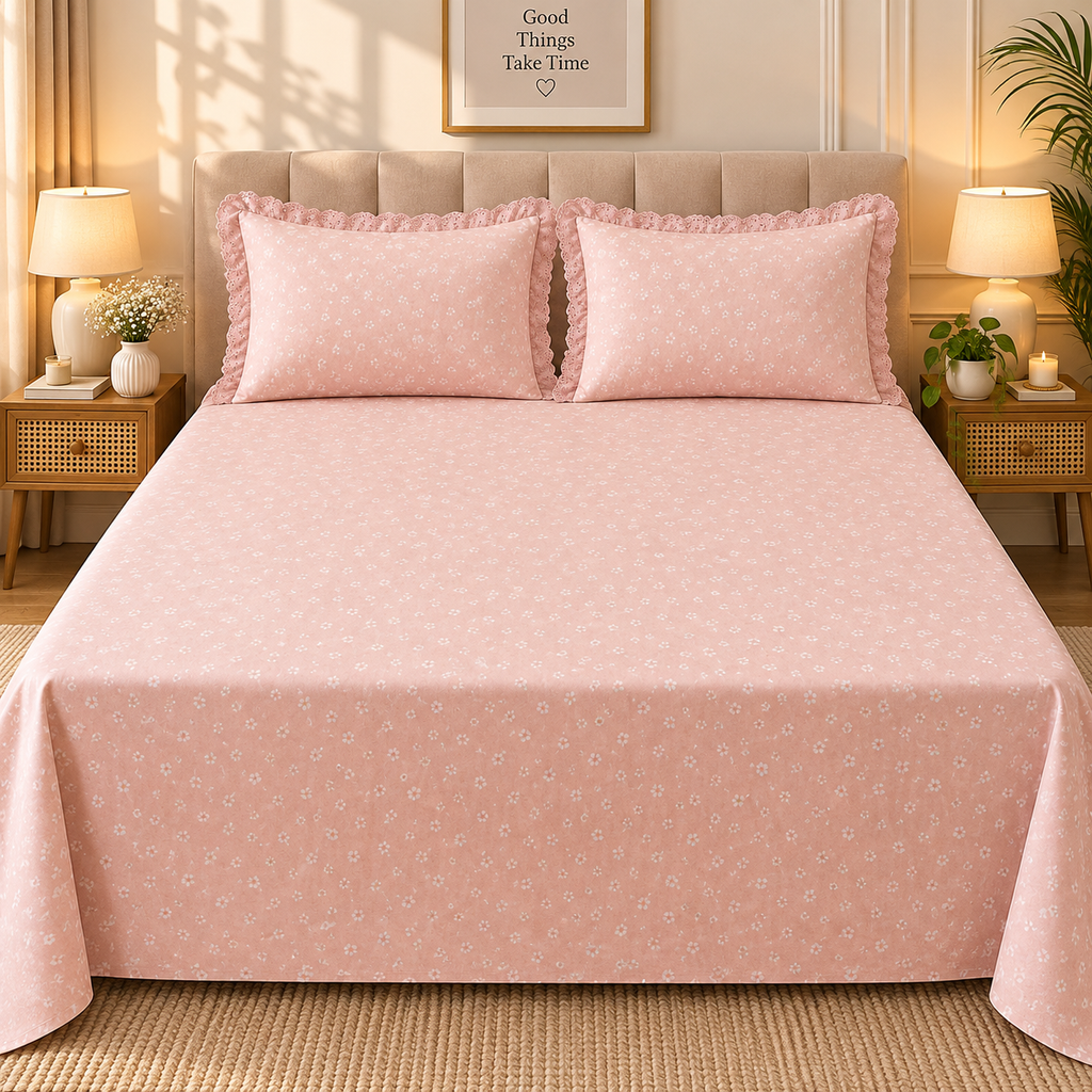 Secret Garden Blush Pink Floral Printed King Size Imported Fabric Bedsheet Set