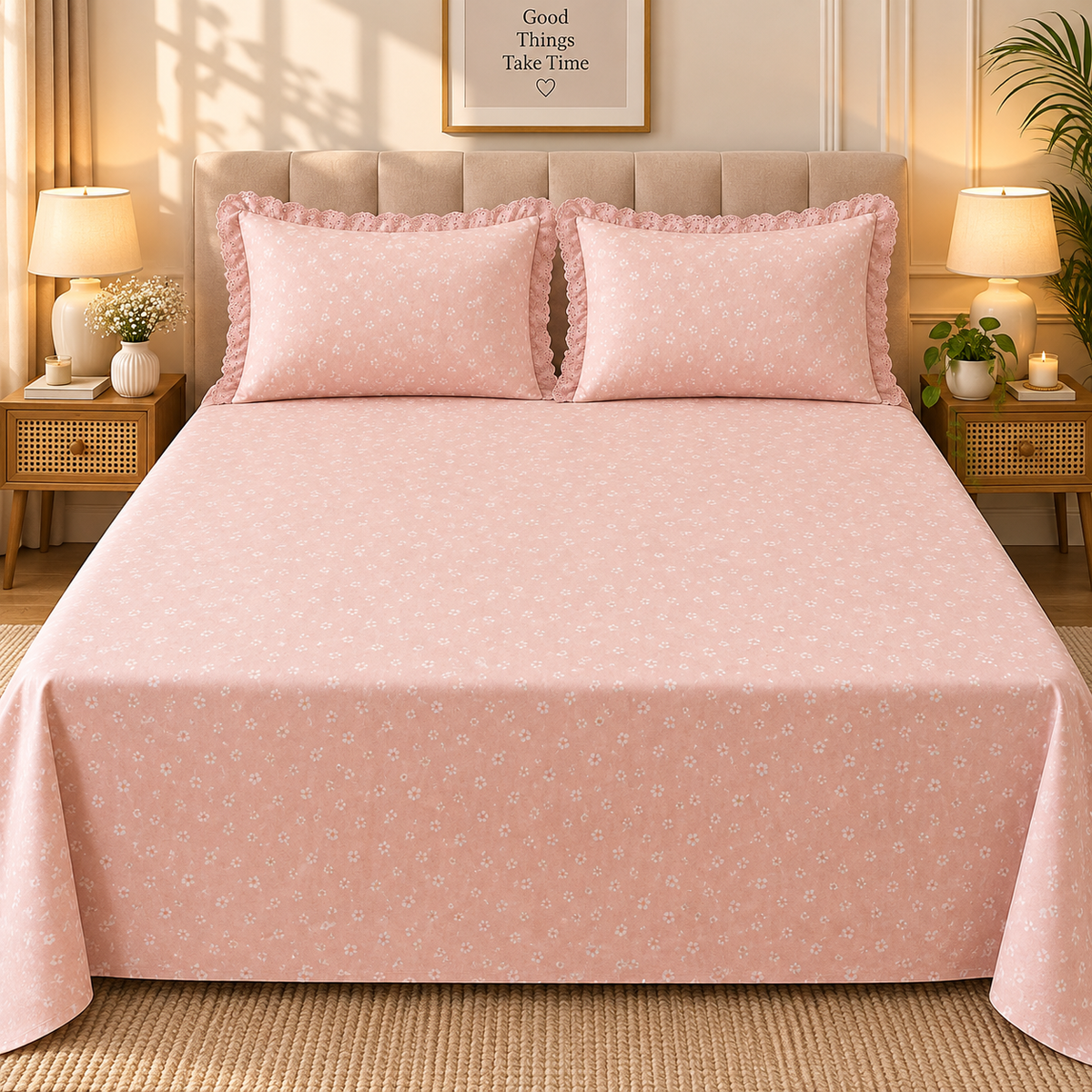Secret Garden Blush Pink Floral Printed King Size Imported Fabric Bedsheet Set