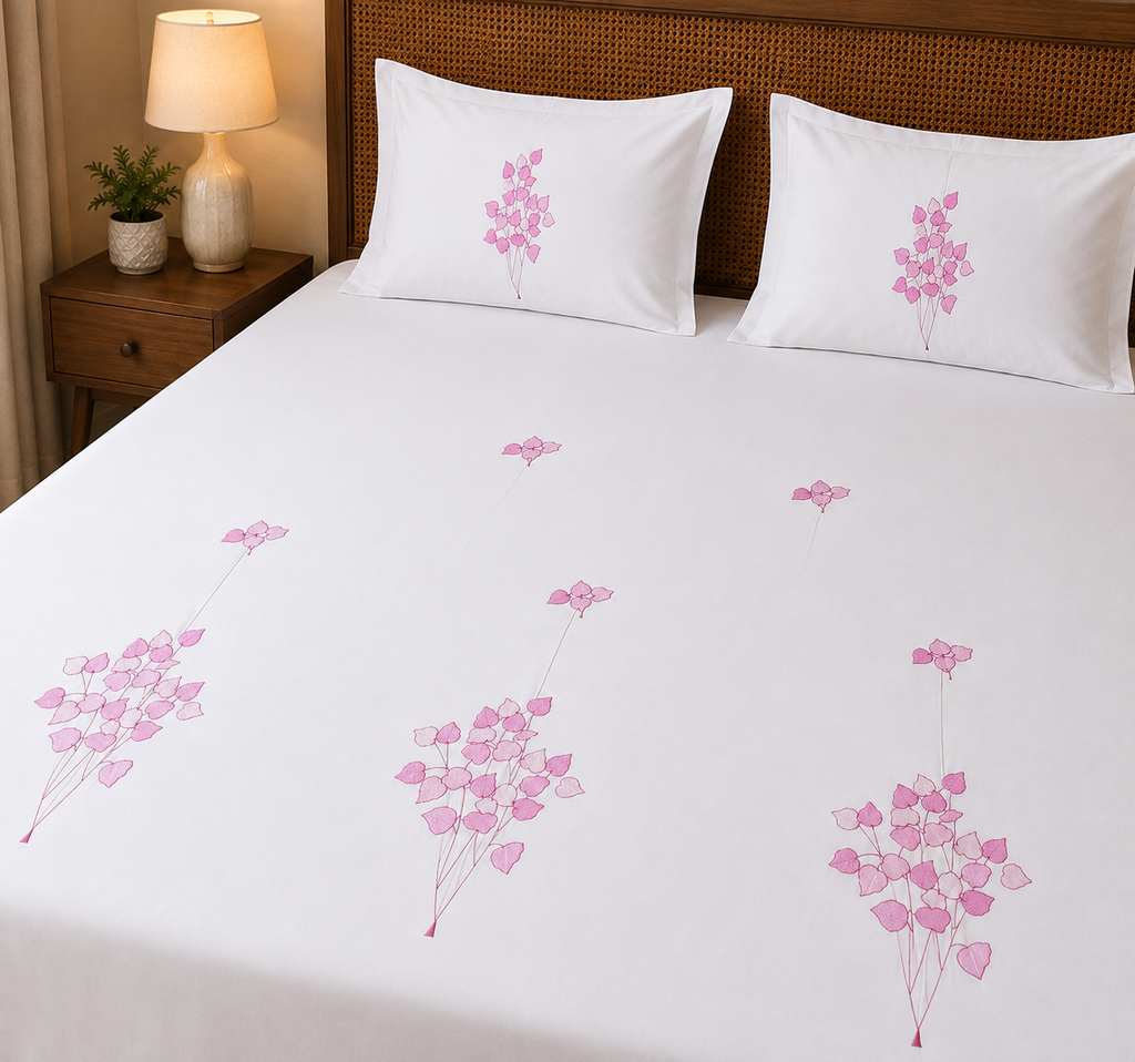 Fabby Decor Premium Pure Cotton Super King-Size Pink Floral Embroidered Designer Bedsheet