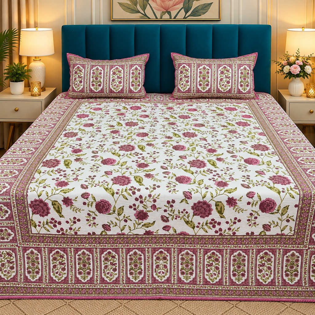 Nilaya Floral Premium Pure Cotton White & Mauve Pink Printed Bedcover