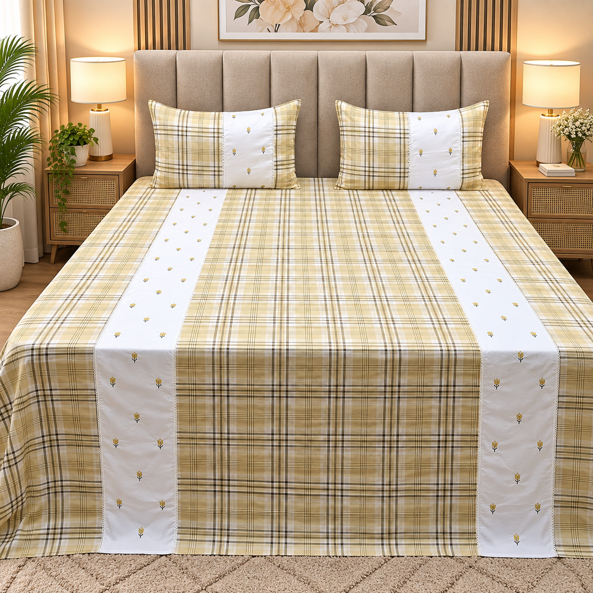 Skyla Beige & White Floral Embroidered & Checkered King Size Pure Cotton Bedsheet Set