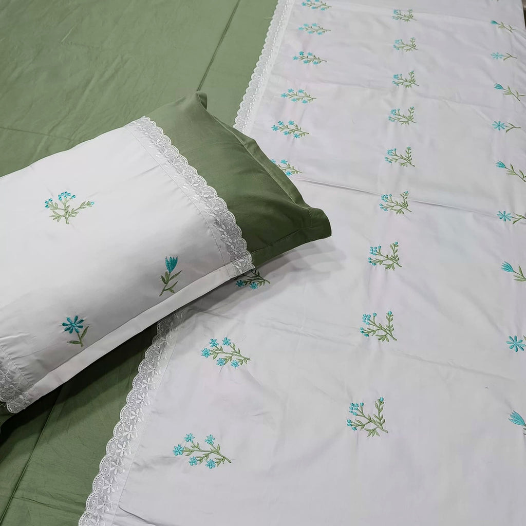 Shahi Karigari Pure Cotton King-Size Green Floral Embroidered Bedsheet