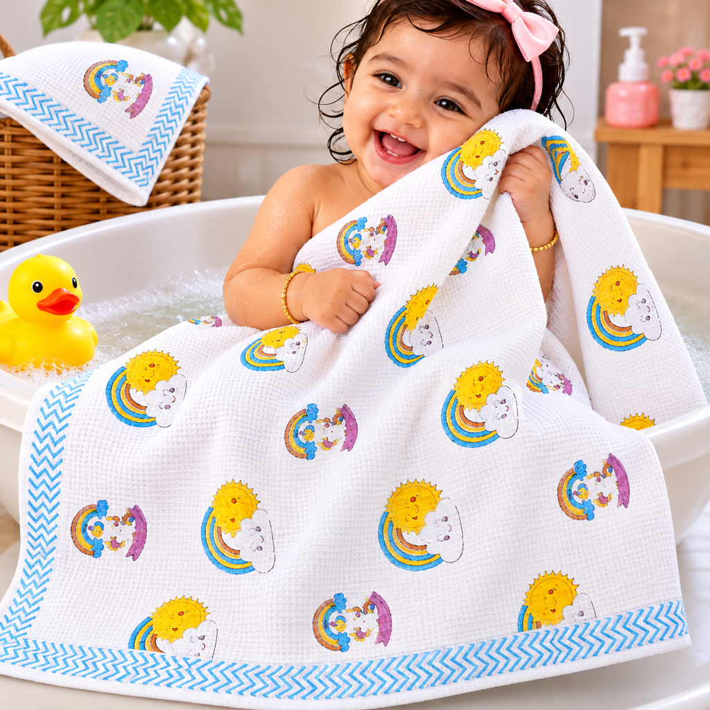 Kids Zone Waffle Printed Pure Cotton Bath & Hand Towels
