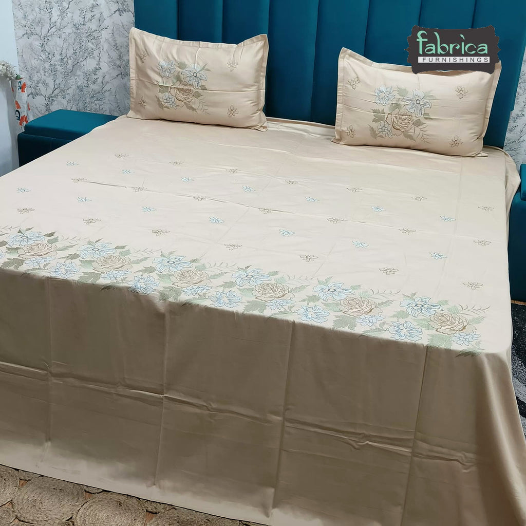 Aurelia Premium Pure Cotton Super King-Size Blue Floral Embroidered Bedsheet