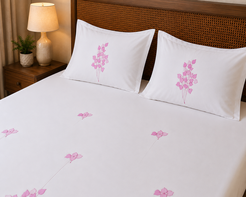 Fabby Decor Premium Pure Cotton Super King-Size Pink Floral Embroidered Designer Bedsheet